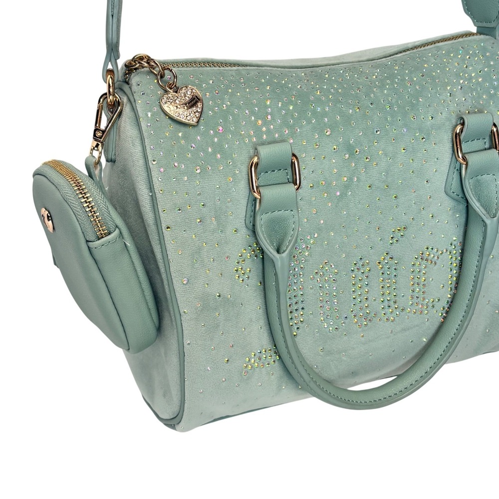 Juicy Couture Crossbody Satchel Bag Y2K Mint Green Blue Rhinestone Velour - Picture 4 of 14